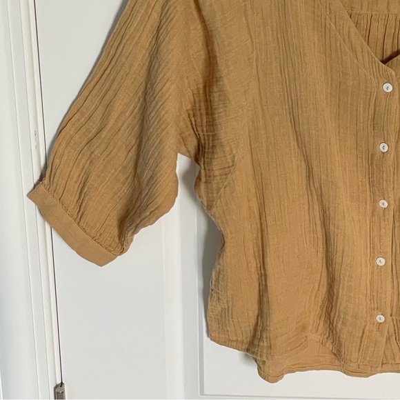 ABLE Tan Cotton Gauze V-Neck Button Down Blouse Top - 35960 - Picture 3 of 13